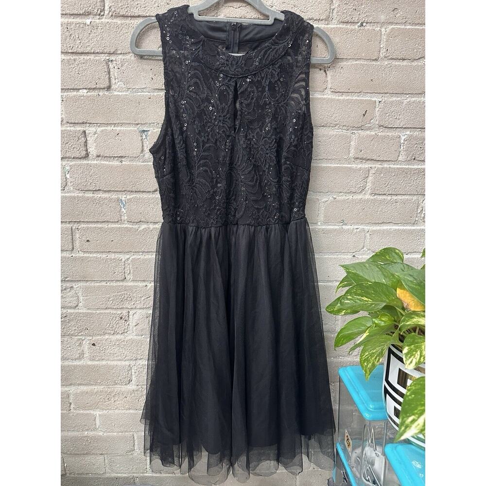 Vintage 90s Black Candelite Evening Dress Size M Sequins On Lace Top Prom Party